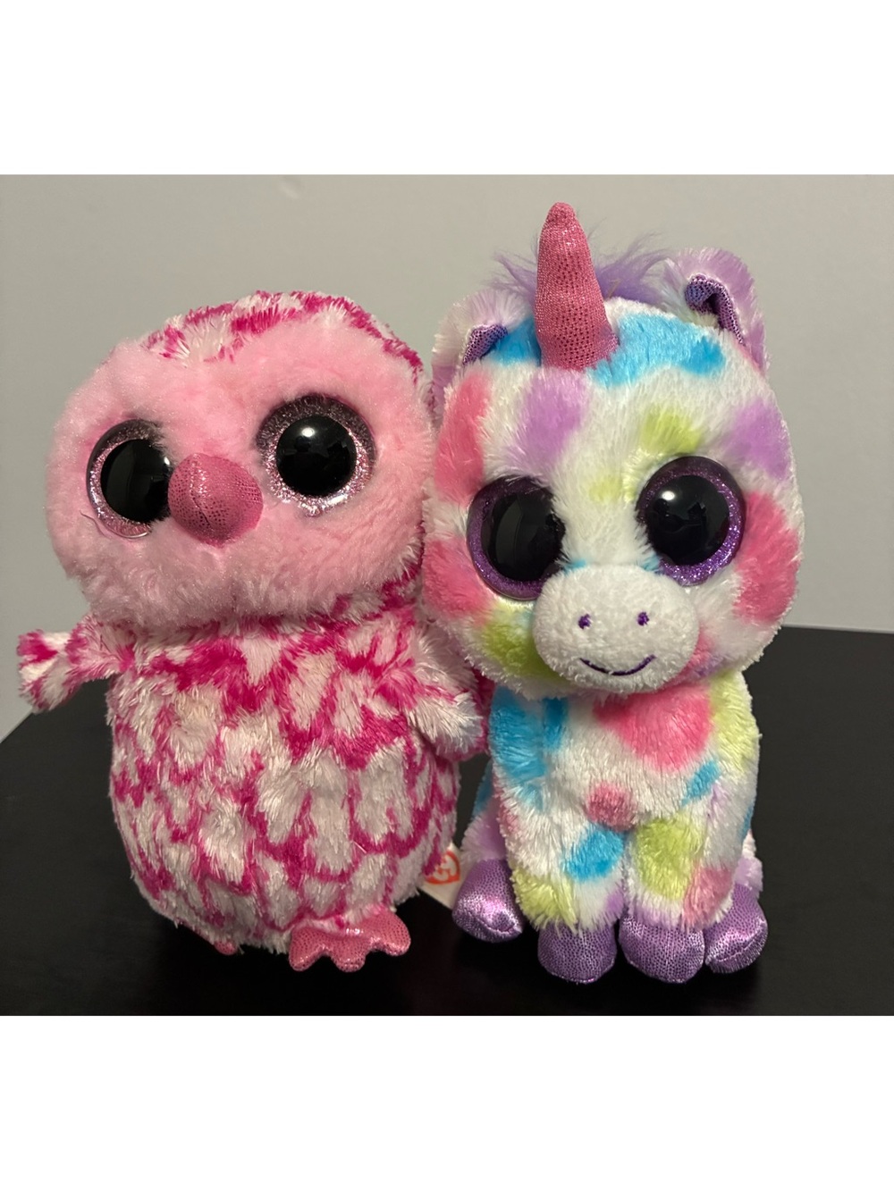 Ty Pink Owl & Multicolor Unicorn Beanie Boo Plush Pair
